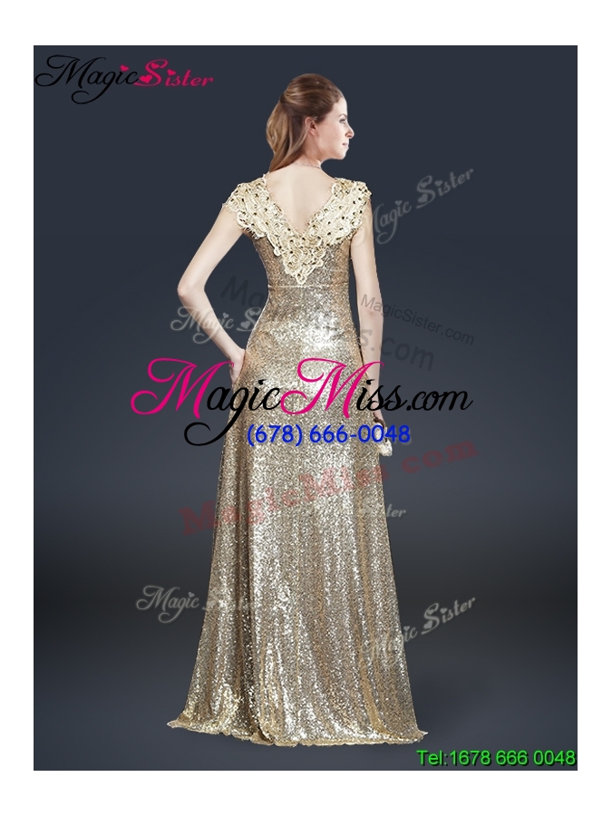 wholesale perfect v neck sequins prom dresses in champagne