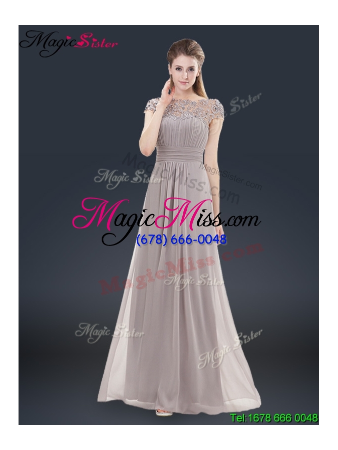 wholesale elegant empire cap sleeves beading and ruching prom dresses