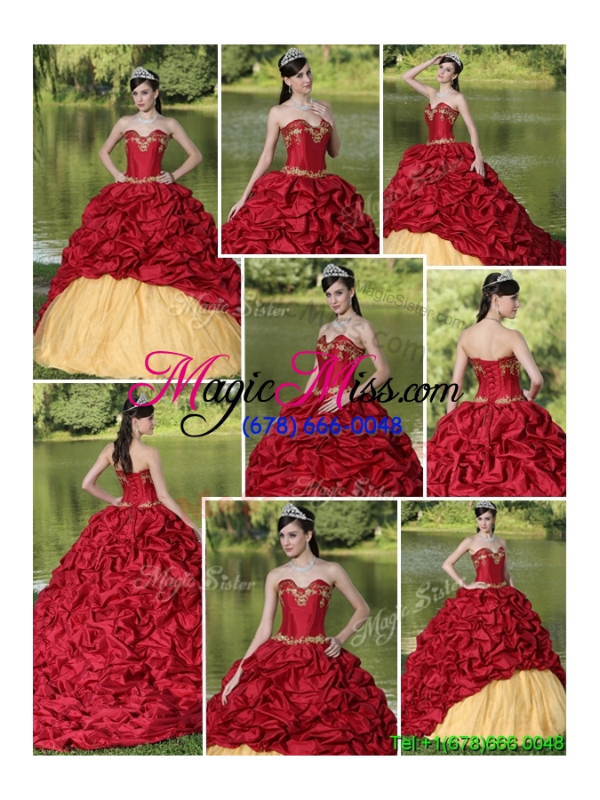 wholesale 2016 latest appliques and pick ups quinceanera gowns with brush train