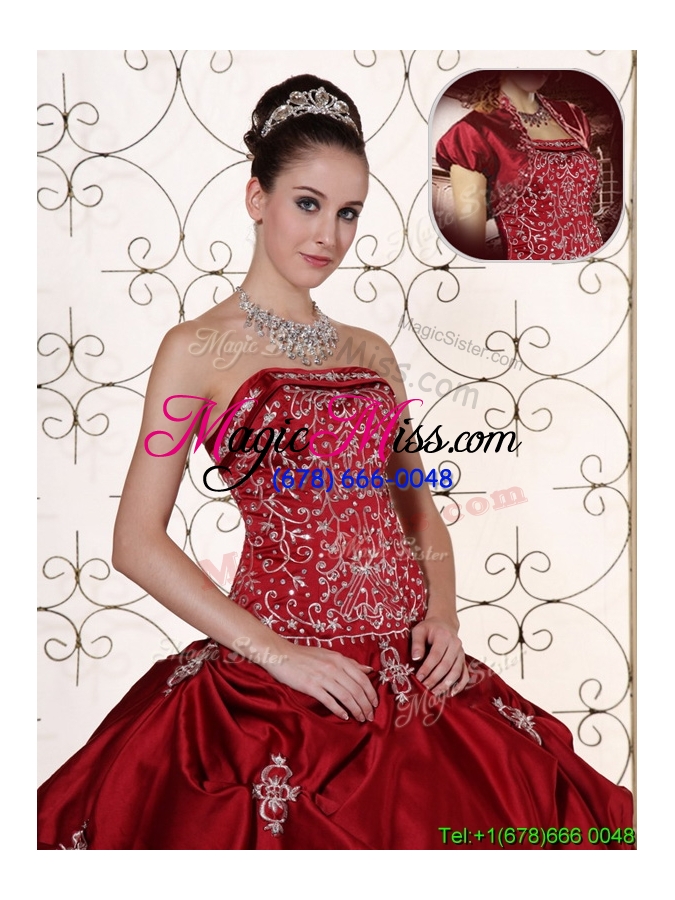 wholesale latest embroidery strapless custom make sweet 16 dresses in wine red