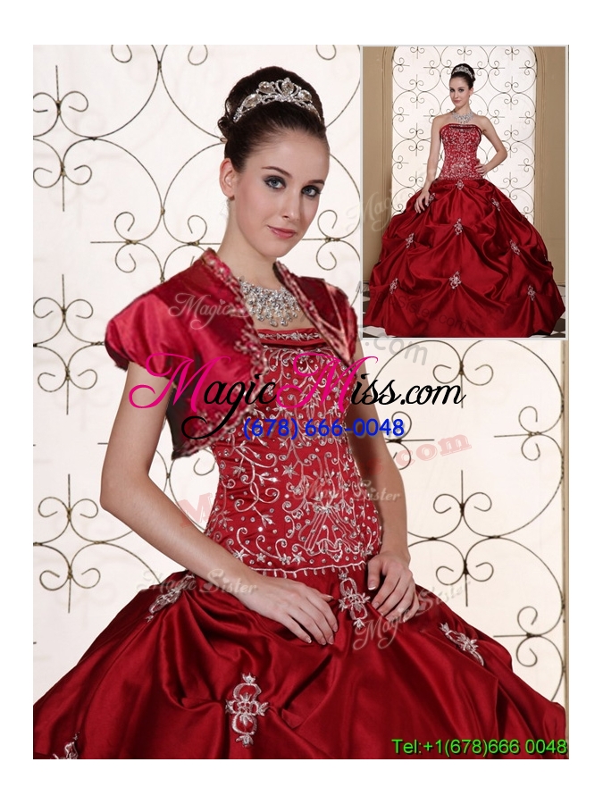 wholesale latest embroidery strapless custom make sweet 16 dresses in wine red