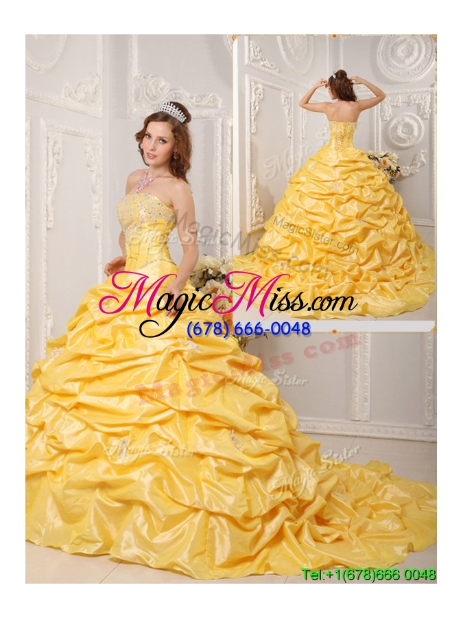 wholesale 2016 elegant ball gown court train appliques and beading custom make quinceanera dresses