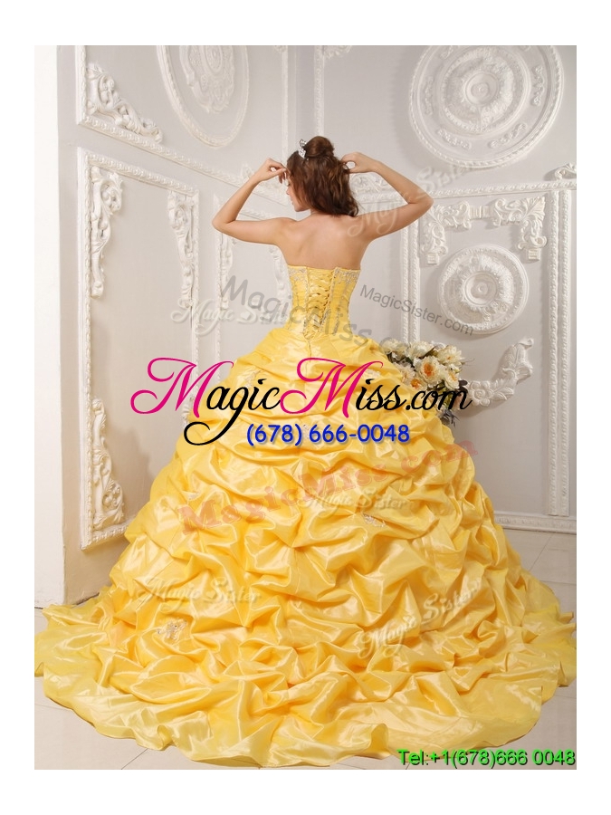wholesale 2016 elegant ball gown court train appliques and beading custom make quinceanera dresses