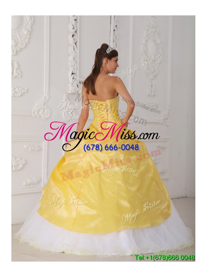 wholesale 2016 modest hand made flower quinceanera dresses in yellow and white
