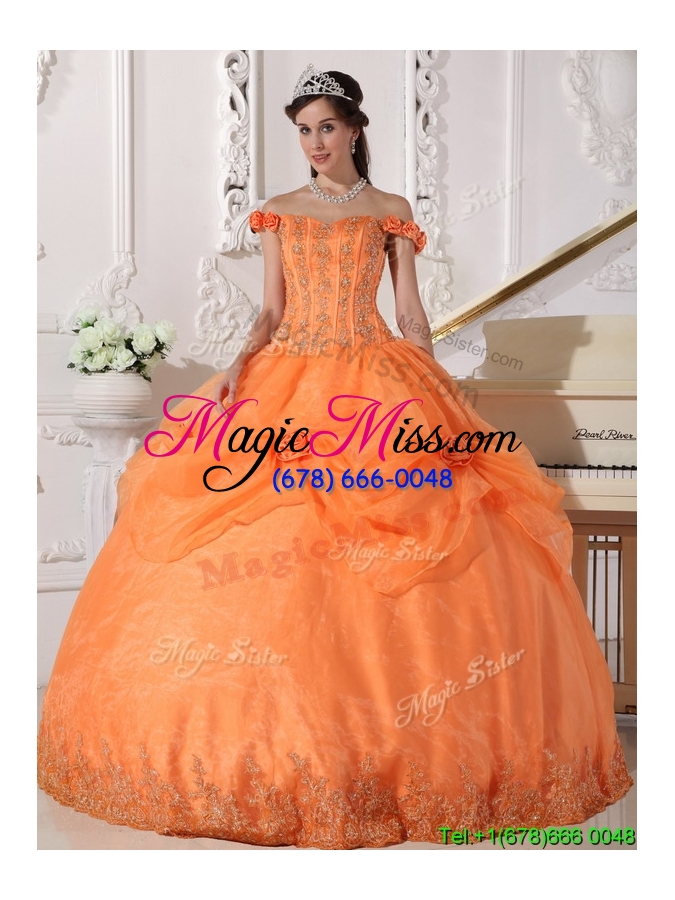 wholesale 2016 beautiful ball gown appliques and hand made flowers custom make quinceanera dresses