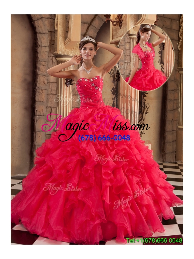wholesale popular coral red sweetheart quinceanera gowns with beading