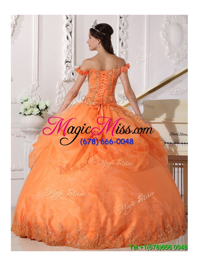 wholesale best off the shoulder in stock quinceanera dresses with appliques and hand made flowers