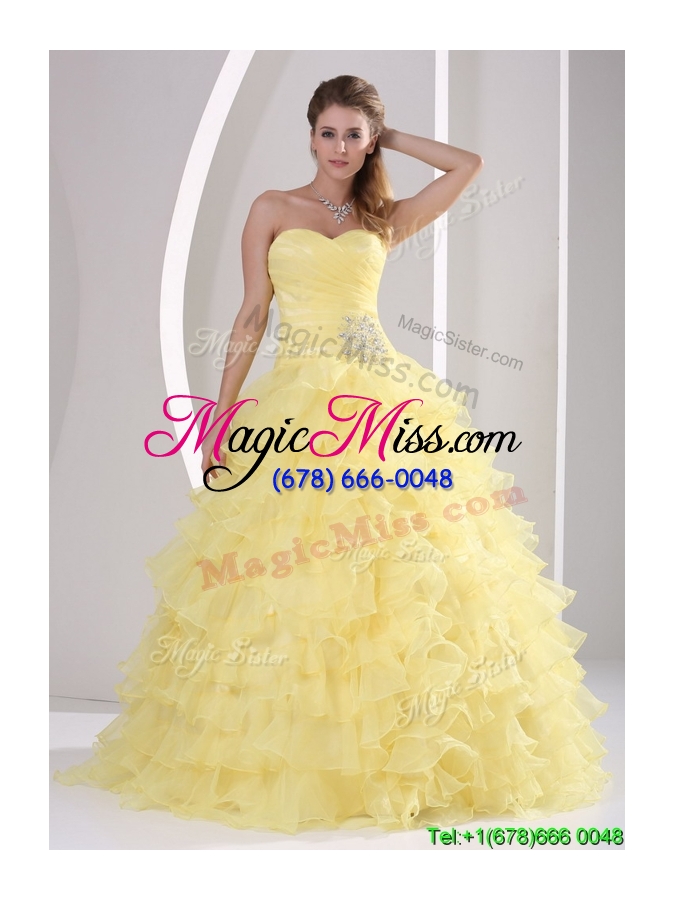 wholesale 2016 gorgeous sweetheart quinceaners gowns with appliques and ruffled layers
