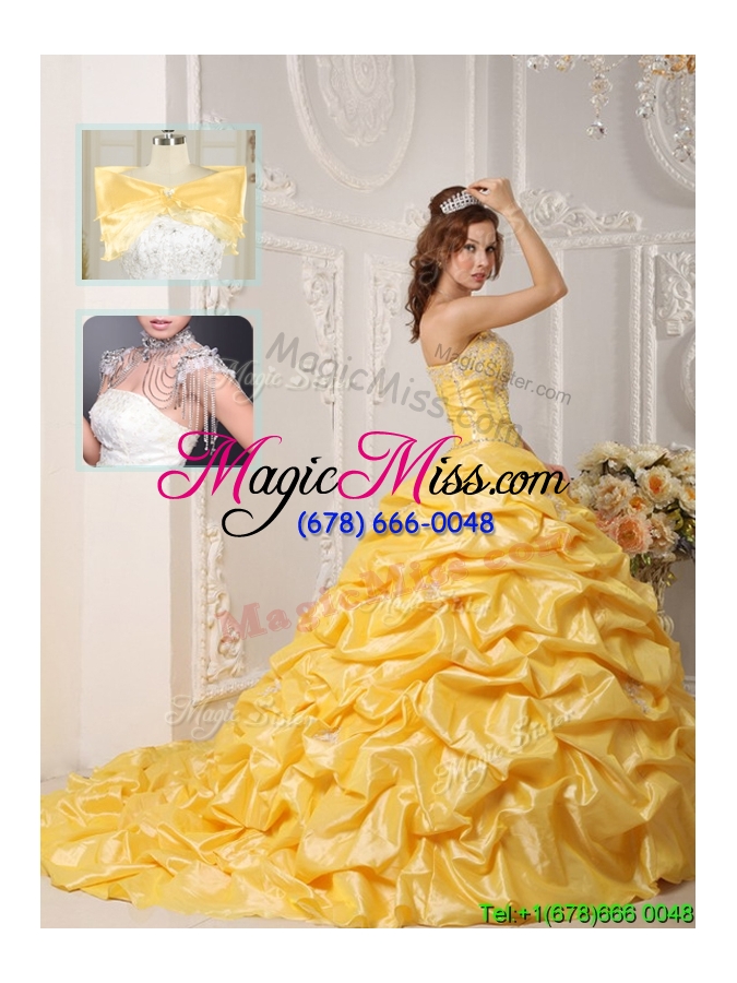 wholesale classical court train quinceanera gowns with pick ups and appliques