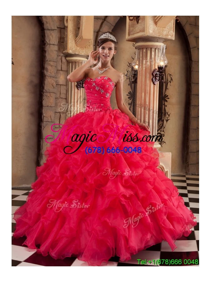 wholesale new style coral red ball gown floor length ruffles quinceanera dresses