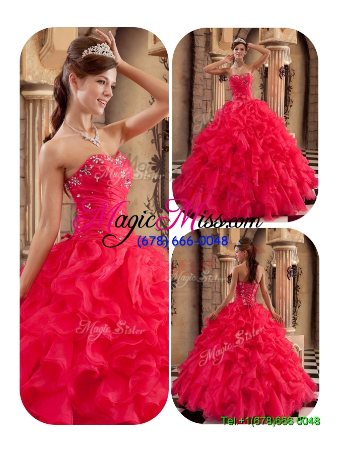 wholesale new style coral red ball gown floor length ruffles quinceanera dresses