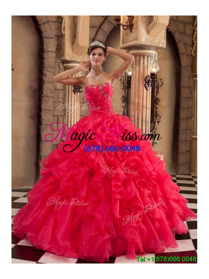wholesale 2016 modest beading and rufflesplus size quinceanera dresses in coral red
