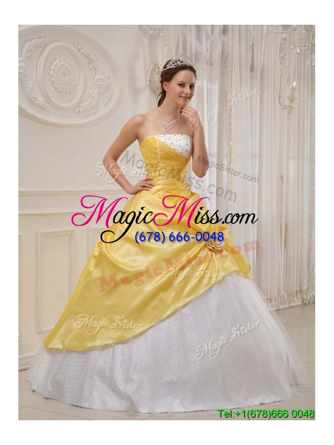 wholesale 2016 modest ball gown strapless quinceanera dresses in yellow