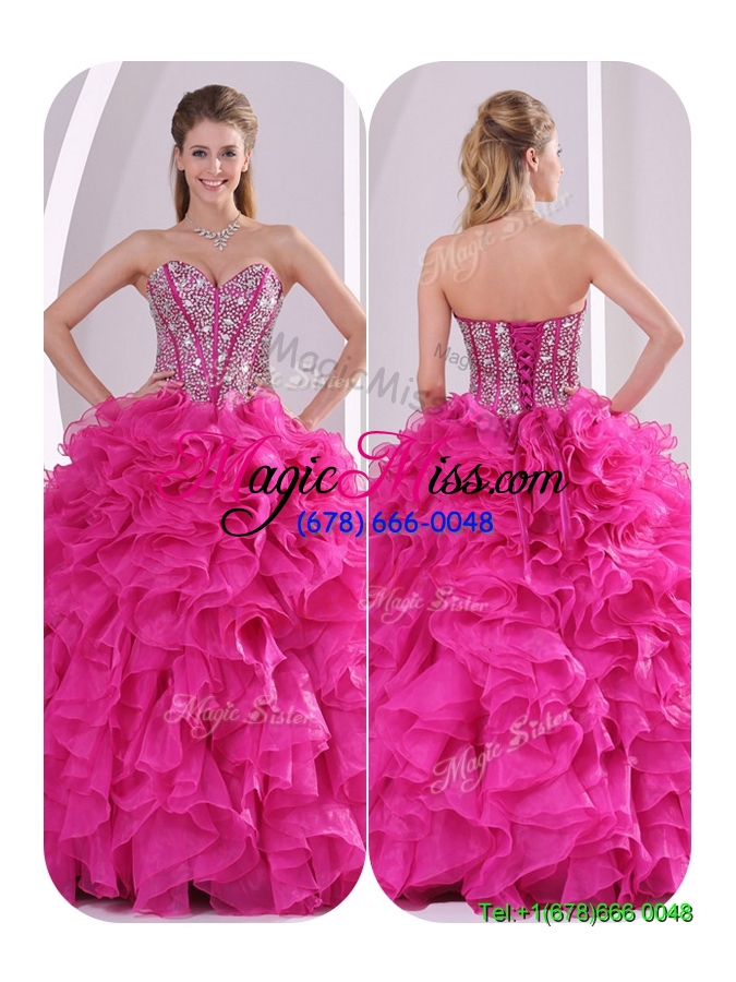 wholesale 2016 unique popular ruffles and beading quinceanera gowns in fuchsia