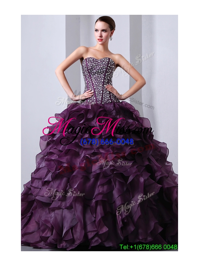 wholesale unique fashionable sweetheart beading and ruffles quinceanea dresses with brush train