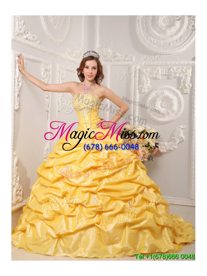 wholesale 2016 perfect pick ups and appliques quinceanera gowns with court train