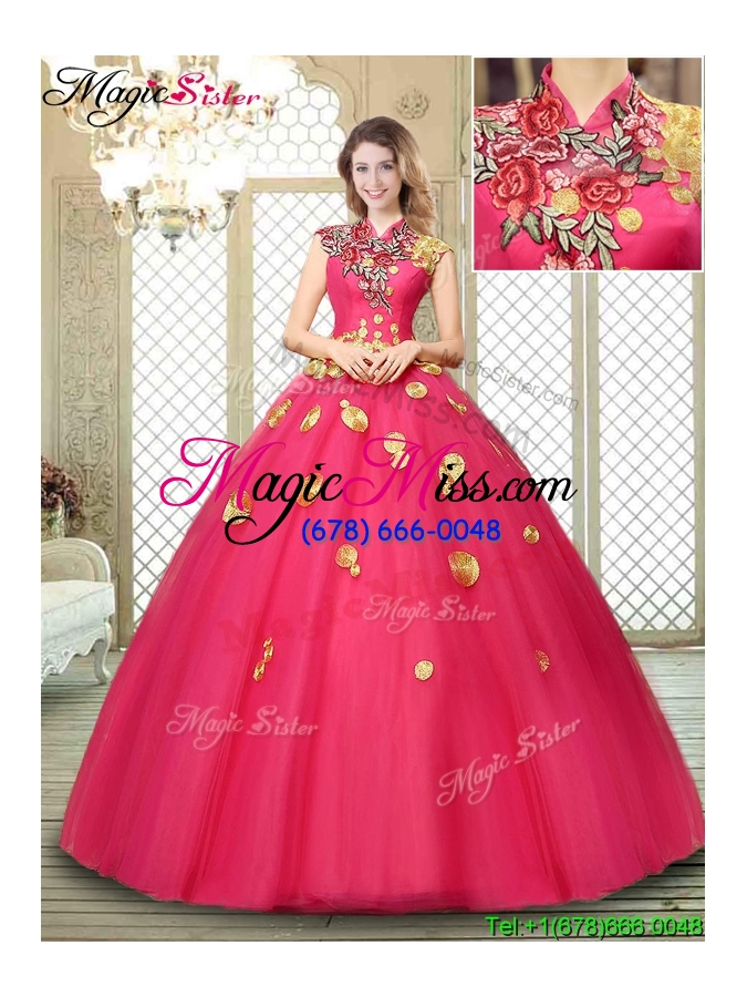 wholesale beautiful high neck cap sleeves quinceanera dresses with appliques