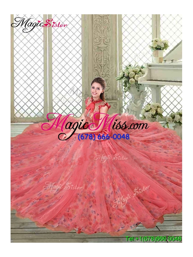 wholesale classical high neck cap sleeves vestidos de quinceanera gowns with bowknot