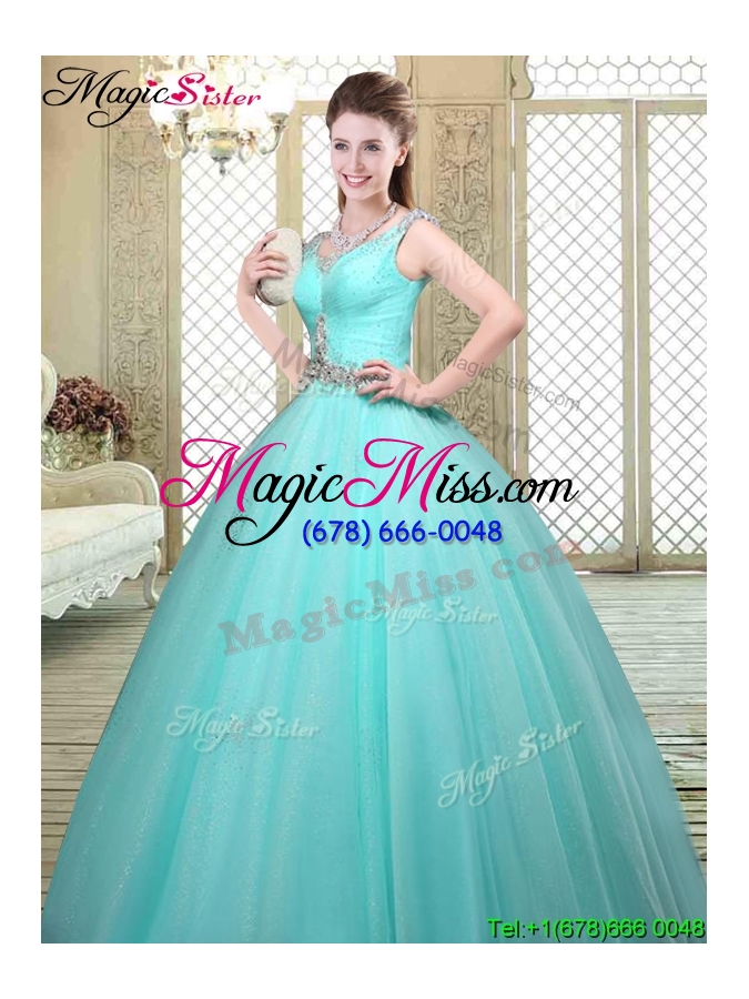 wholesale luxurious straps beading vestidos de quinceanera dresses  in aqua blue