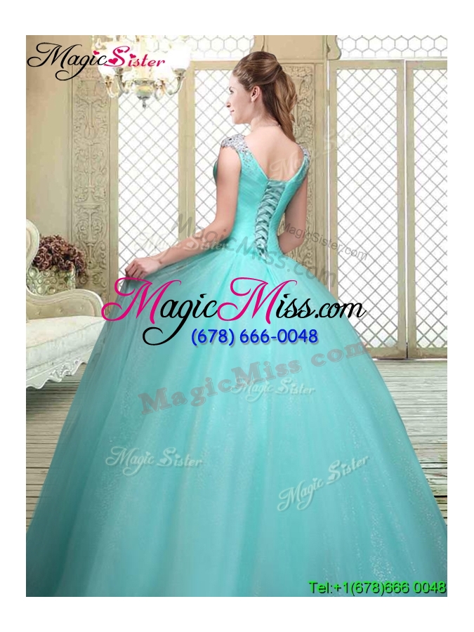wholesale luxurious straps beading vestidos de quinceanera dresses  in aqua blue