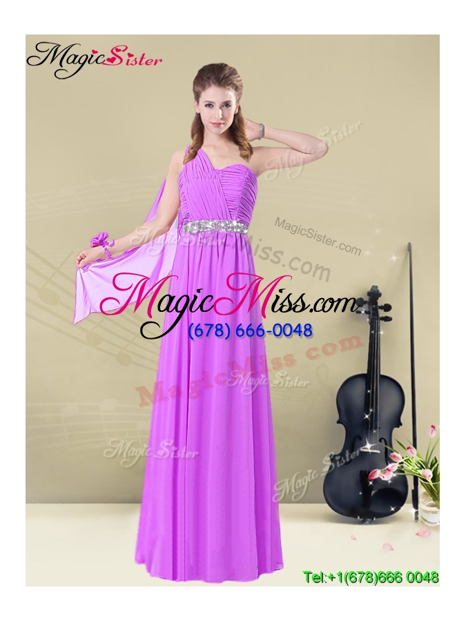 wholesale the most popular one shoulder floor length bridesmaid dresses with ruching and belt