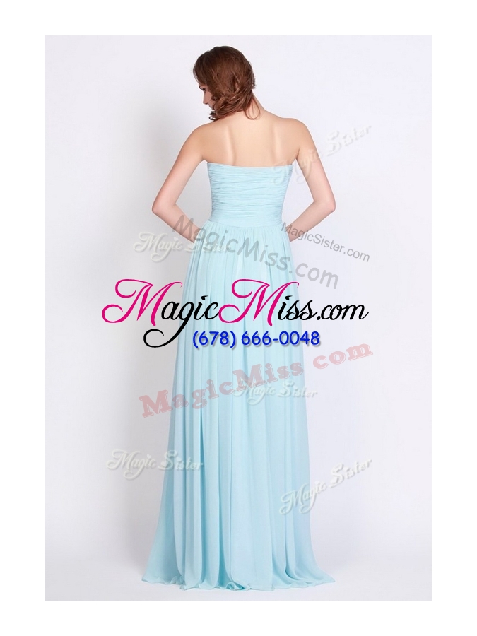 wholesale 2016 new style brush train light blue bridesmaid dresses with beading and ruching