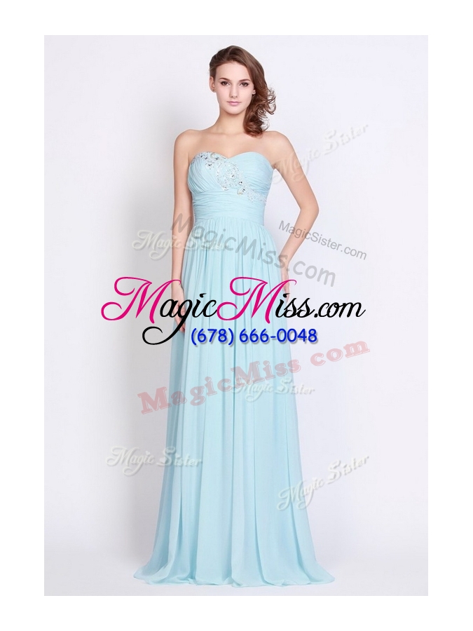 wholesale 2016 new style brush train light blue bridesmaid dresses with beading and ruching