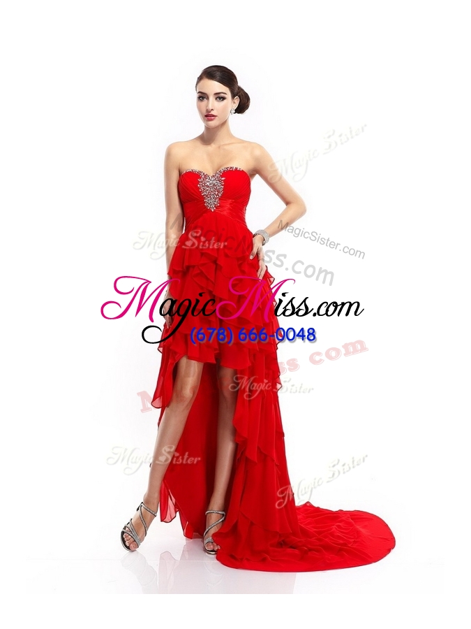 wholesale 2016 cheap high low beading and ruffled layers prom dresses in red