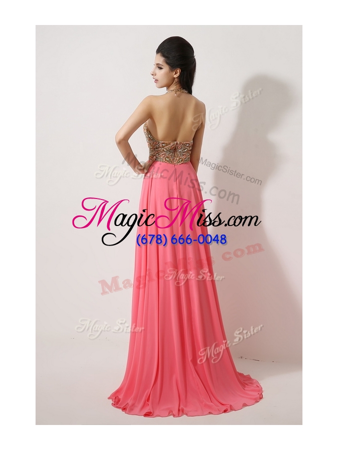wholesale 2016 the most popular halter top brush train watermelon red bridesmaid dresses