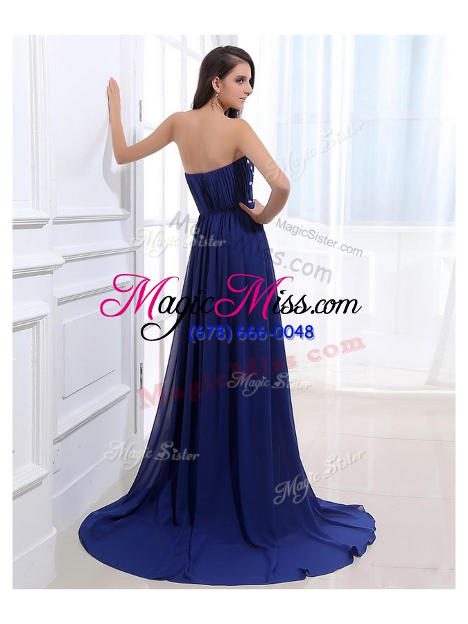 wholesale elegant brush train strapless beading bridesmaid dresses in royal blue