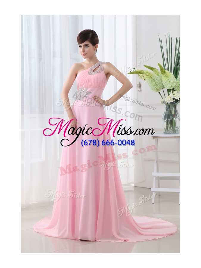 wholesale 2016 fashionable one shoulder brush train beading baby pink bridesmaid dress