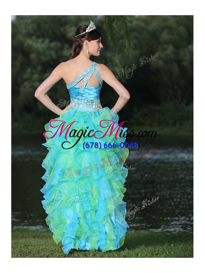 wholesale 2016 pretty one shoulder side zipper high low dama dress in multi color