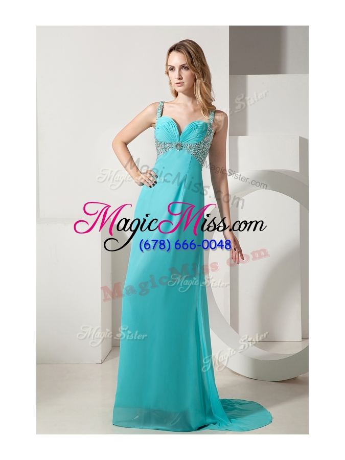 wholesale elegant empire straps beading turquoise bridesmaid  dresses with brush train