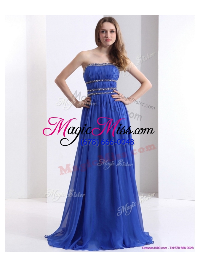 wholesale simple strapless empire blue bridesmaid dresses with ruching and beading