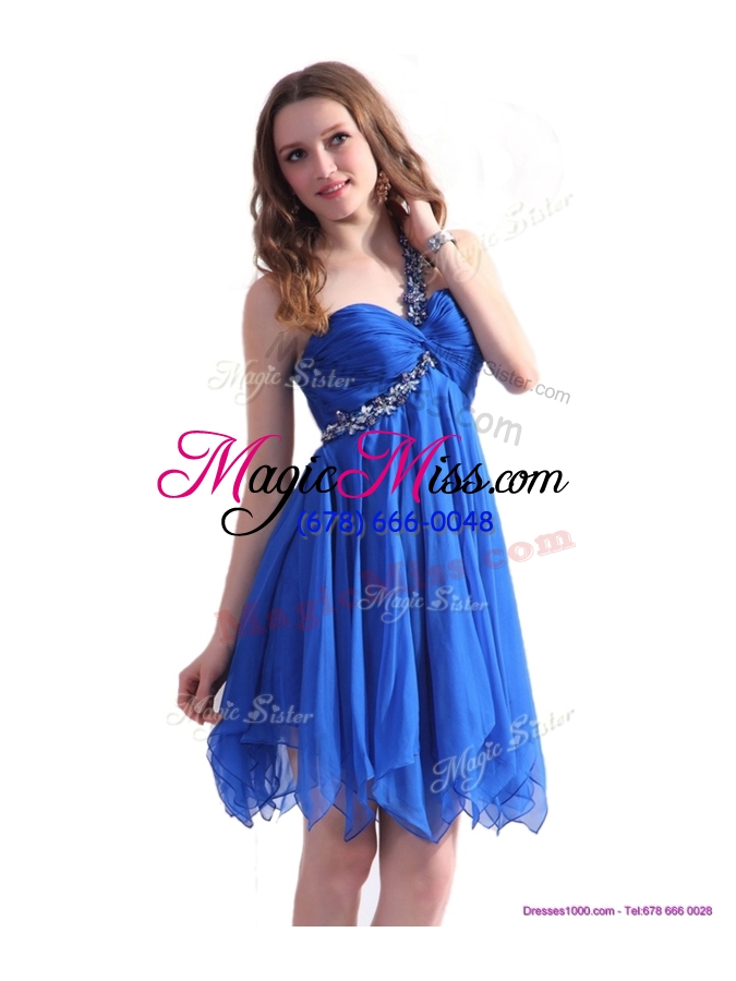 wholesale new best one shoulder blue short prom dresses with beading
