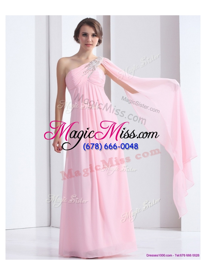 wholesale new elegant one shoulder baby pink prom dress with ruching and beading