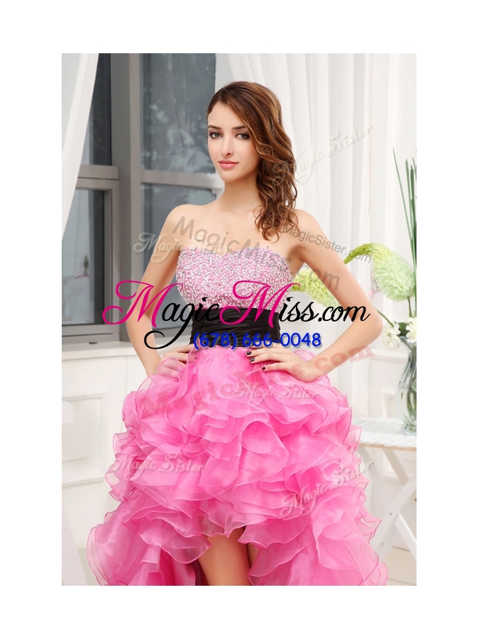 wholesale cheap sweetheart high-low pink pageant dresses with beading and belt
