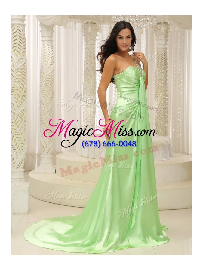 wholesale 2016 elegant column one shoulder beading sexy prom dresses with brush train