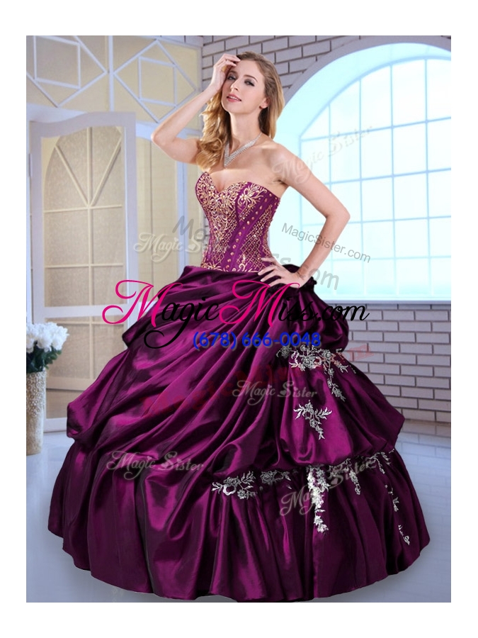 wholesale luxurious ball gown taffeta dark purple quinceanera dresses with pick ups