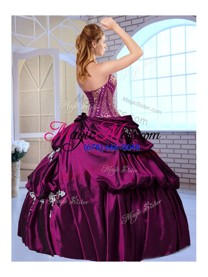 wholesale luxurious ball gown taffeta dark purple quinceanera dresses with pick ups