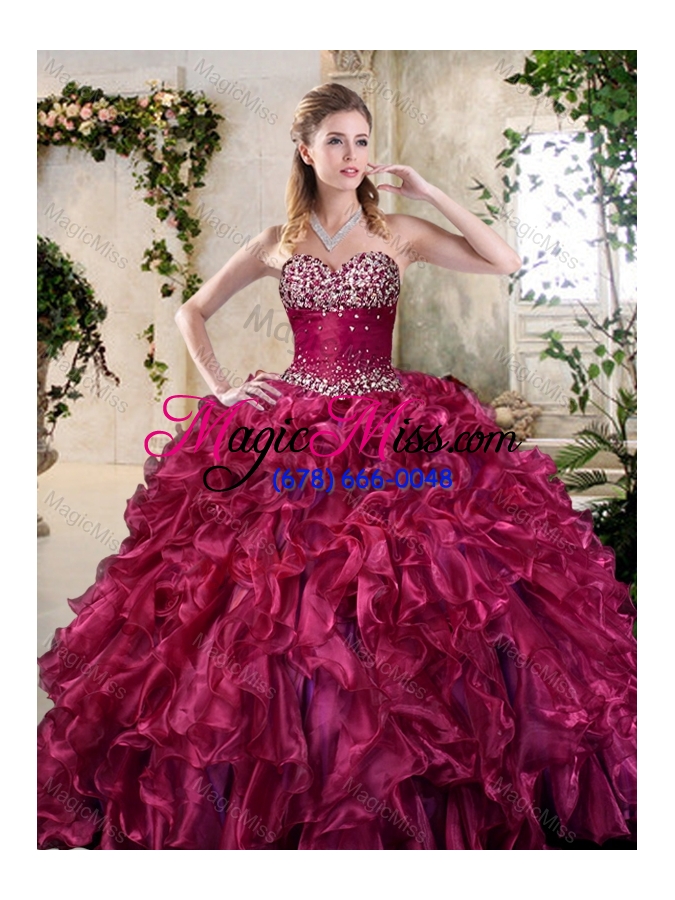 wholesale new style burgundy quinceanera gowns with beading and ruffles