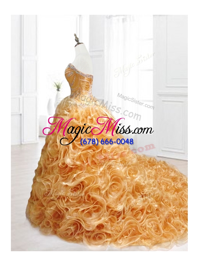 wholesale custom make sweetheart rolling flowers brush train quinceanera dresses with beading