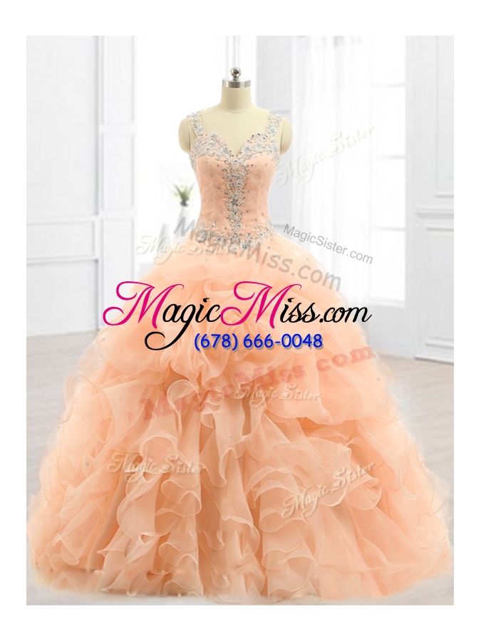 wholesale in stock straps beading and ruffles quinceanera dresses in peach