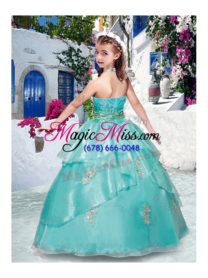 wholesale fashionable halter top turquoise fashionable little girl pageant dresses with appliques