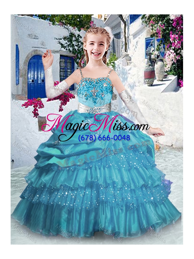 wholesale luxurious spaghetti straps fashionable little girl pageant dresses with ruffled layers and appliques