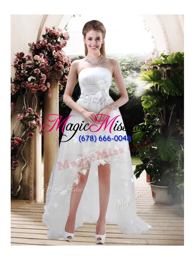 wholesale 2016 beautiful strapless high low wedding dresses with appliques and belt