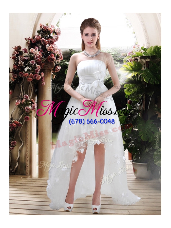 wholesale 2016 modern strapless appliques and belt zipper up wedding dresses with high low
