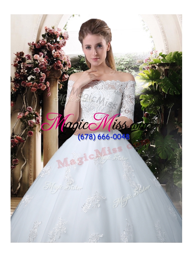 wholesale 2016 elegant ball gown off the shoulder lace chapel train wedding dresses with half sleeves