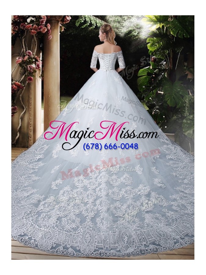 wholesale 2016 elegant ball gown off the shoulder lace chapel train wedding dresses with half sleeves