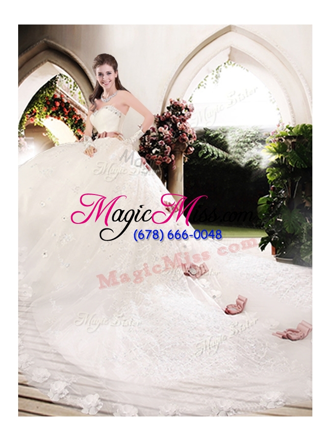 wholesale 2016 lovely sweetheart lace appliques and bowknot wedding dresses with chapel train
